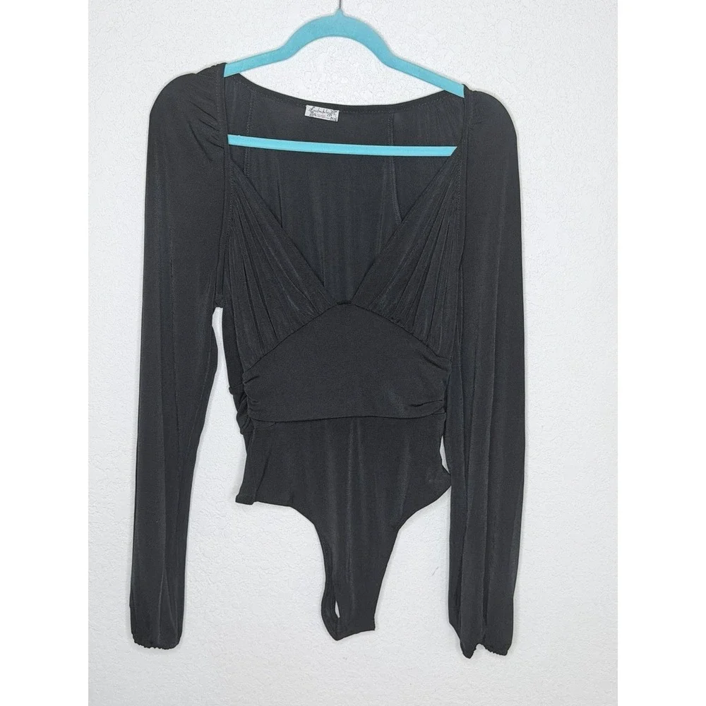Intimately Free People Body Suit Womens‎ S P Black FP Long Sleeve Deep V-Neck